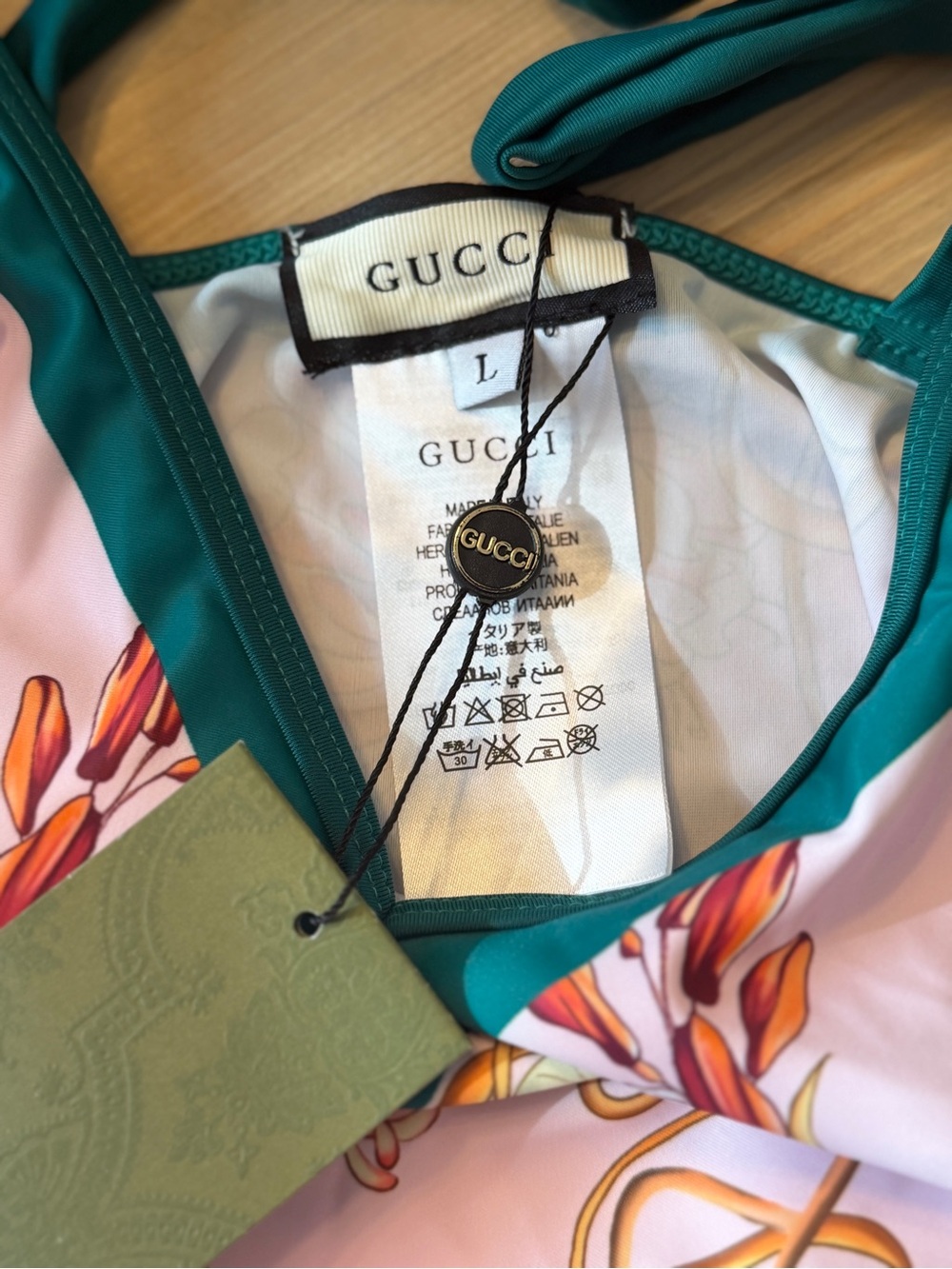 Gucci Pink Floral One-Piece with Dark Green Trim - Picture 2 of 4